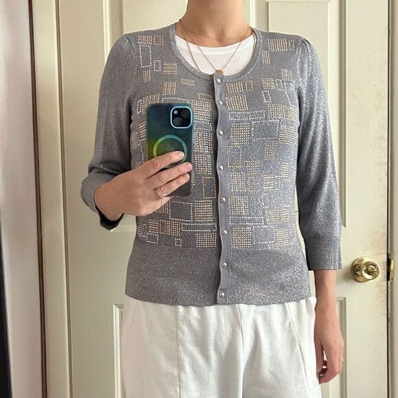WHBM Sparkly Gray Cardigan Gold Silver Size Medium - Picture 3 of 13